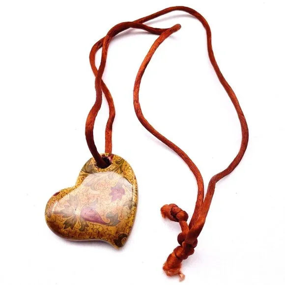 Artisan Heart Pendant Necklace Signed SC Natural Stone Cord Boho Southwest Style - Picture 1 of 8